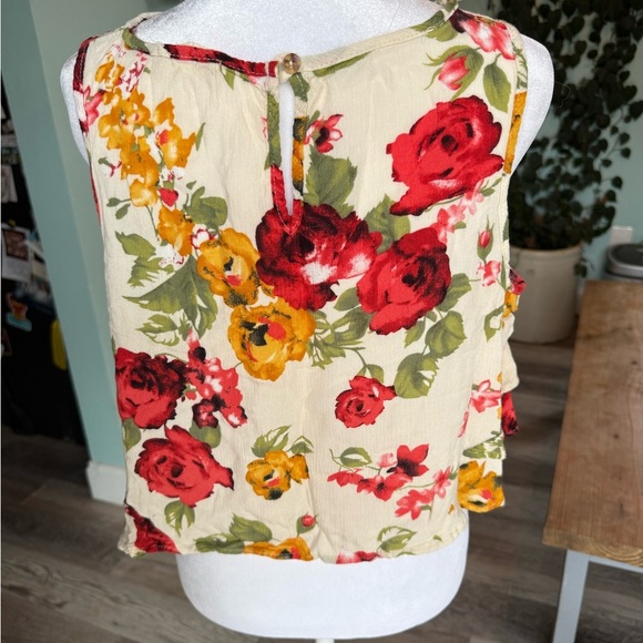 Altar’d State Floral Rose Sleeveless Top - Red, Yellow, Green Button Back Slit - Picture 3 of 5